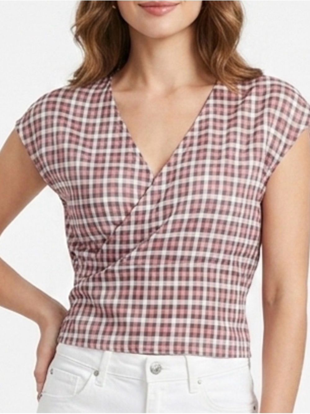 NWT Halara V Neck Wrapped Tie Pink & White Plaid Crop Top